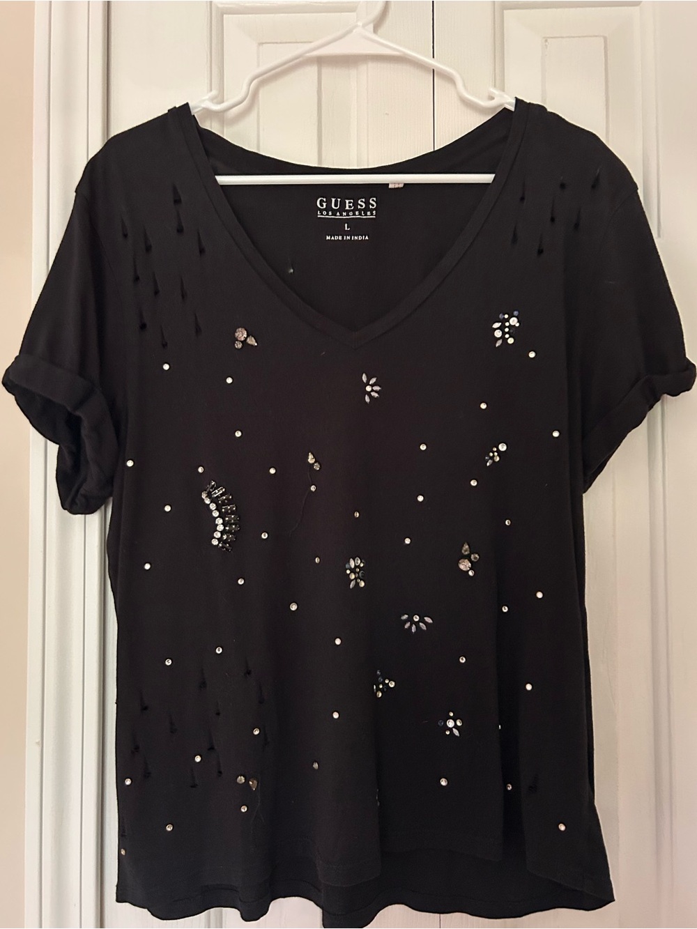 GUESS Black V-Neck Short Sleeve Tee with Crystal Embellishments